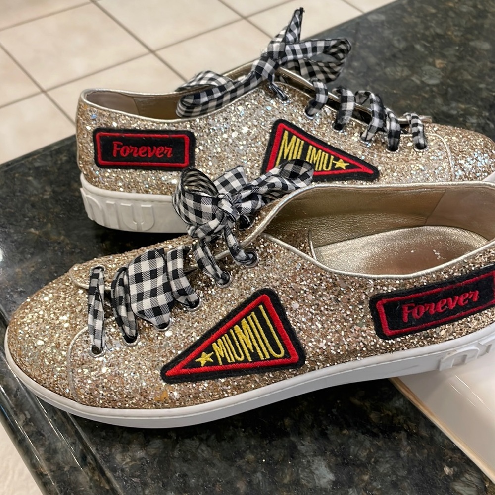 Miu Miu size 39 gold glitter sneakers